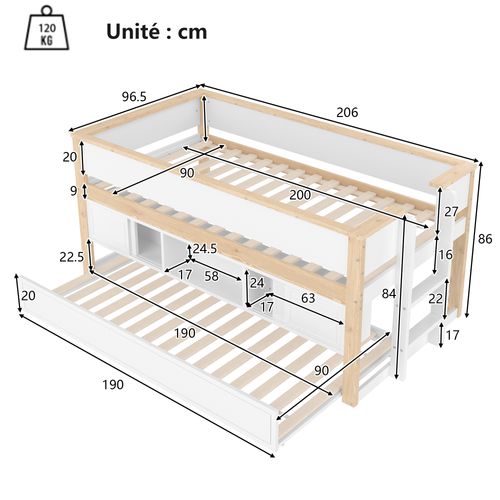 Lit Enfant 90x200 Cm - Mi-hauteur - Lit Tiroir - Rangements - Fiable Et Stable - Blanc+naturel