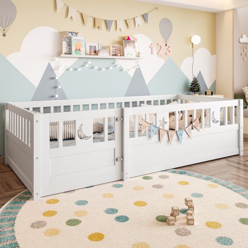 Lit Enfant 90x190 Cm - Simple Avec Barrière - Décor Étoile Et Lune - Structure Bois - Blanc