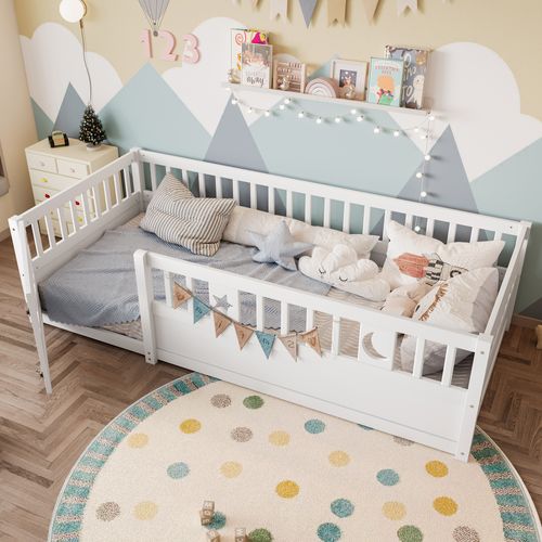 Lit Enfant 90x190 Cm - Simple Avec Barrière - Décor Étoile Et Lune - Structure Bois - Blanc