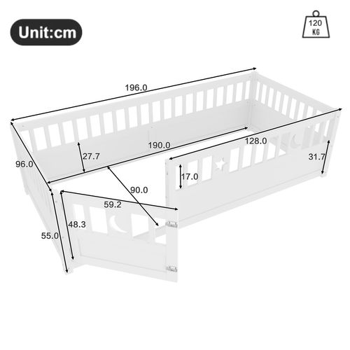 Lit Enfant 90x190 Cm - Simple Avec Barrière - Décor Étoile Et Lune - Structure Bois - Blanc
