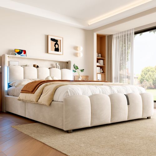 Lit Coffre 140x200 Cm - Lit Double Avec Tête De Lit Et Rangement - LED Et USB - Velours Beige