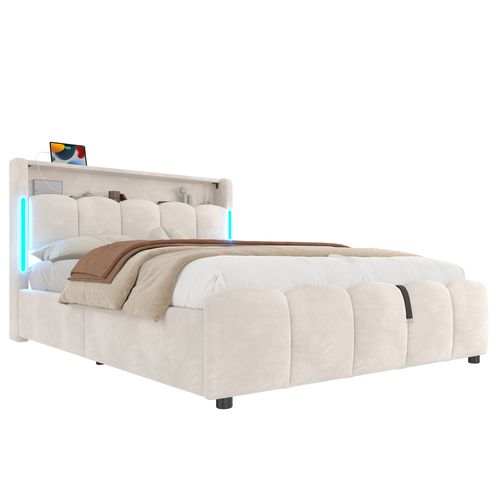 Lit Coffre 140x200 Cm - Lit Double Avec Tête De Lit Et Rangement - LED Et USB - Velours Beige