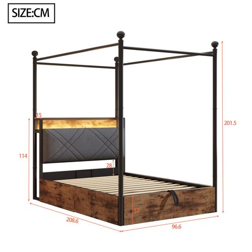 Lit Coffre 90x190 Cm - Lit Simple Métal - LED Intégrée - Rangement Hydraulique -usb/type-c - Noir