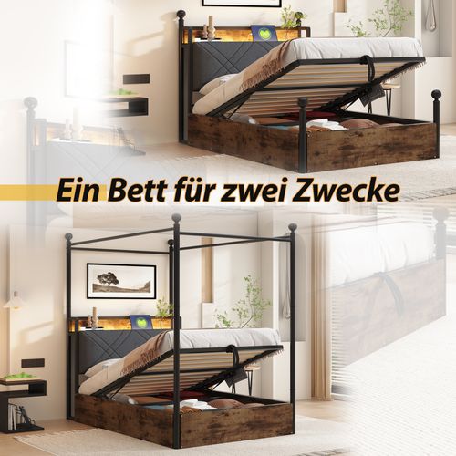 Lit Coffre 90x190 Cm - Lit Simple Métal - LED Intégrée - Rangement Hydraulique -usb/type-c - Noir