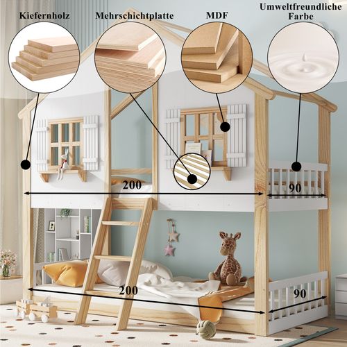 Lit Superposé Cabane 90×200 Cm - Toit Fenêtres - Garde-corps Sécurisé - Pin Massif - Blanc Naturel