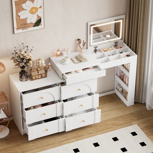 Coiffeuse 2 En 1 Avec Éclairage LED, Table Maquillage Rotative Plateau Pivotant Et Rangement