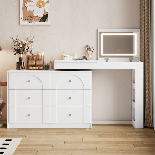 Coiffeuse 2 En 1 Avec Éclairage LED, Table Maquillage Rotative Plateau Pivotant Et Rangement