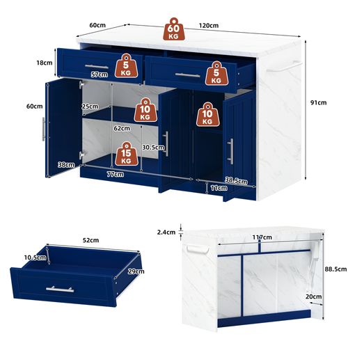 Îlot De Cuisine - Desserte Multifonction Avec Bar Étagères Réglables Et Prise USB - Mdf - Blanc Bleu