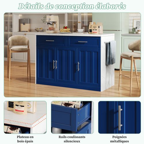 Îlot De Cuisine - Desserte Multifonction Avec Bar Étagères Réglables Et Prise USB - Mdf - Blanc Bleu