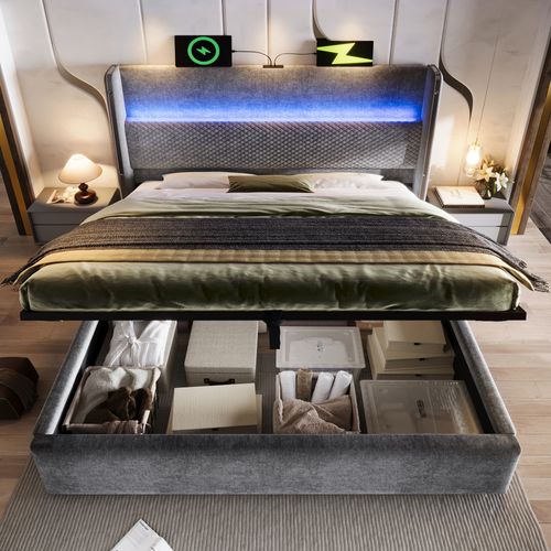 Lit Coffre 160x200 Cm -  Lit Avec Rangement- Port USB,Type-c - Lin Gris