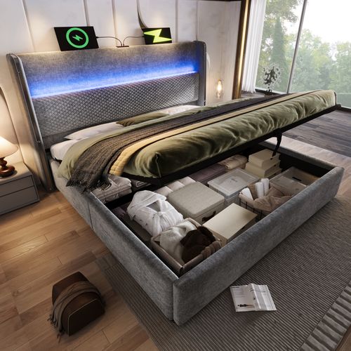 Lit Coffre 160x200 Cm -  Lit Avec Rangement- Port USB,Type-c - Lin Gris