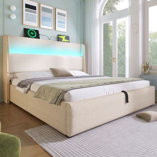 Lit Coffre 140x200 cm avec LED, Tête Haute, Rangement & Ports USB, Lin Beige