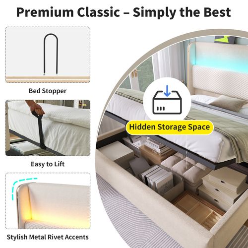 Lit Coffre 140x200 cm avec LED, Tête Haute, Rangement & Ports USB, Lin Beige