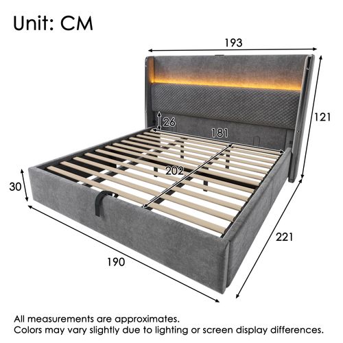 Lit Coffre 180x200 Cm LED avec rangement et ports USB/Type-C, Lin Gris