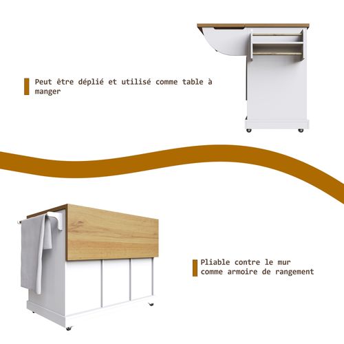 Îlot De Cuisine - Desserte Multifonction Avec Table Extensible Et Étagères - Métal Mdf - Blanc