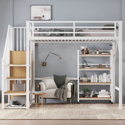 Lit Mezzanine 90x200 - Lit Enfant/ado - Escalier De Rangement Et Étagères - Mdf Robuste - Blanc