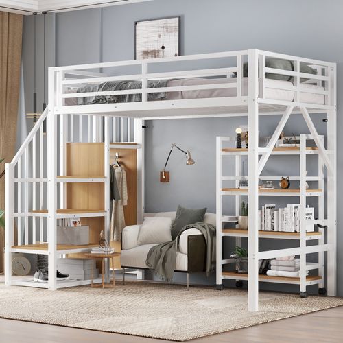 Lit Mezzanine 90x200 - Lit Enfant/ado - Escalier De Rangement Et Étagères - Mdf Robuste - Blanc