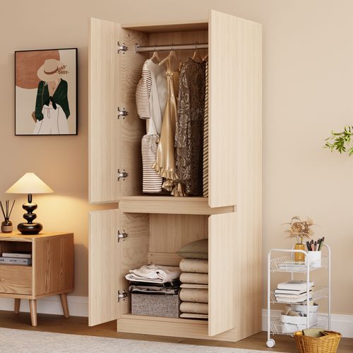 Armoire 2 Portes Avec Grand Espace De Rangement Et Compartiments - Meuble Pratique - Bois - Naturel