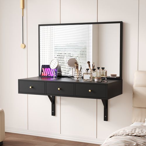 Coiffeuse Suspendue Moderne Avec Miroir, Table Maquillage Murale 3 Tiroirs Support Tablette Intégré