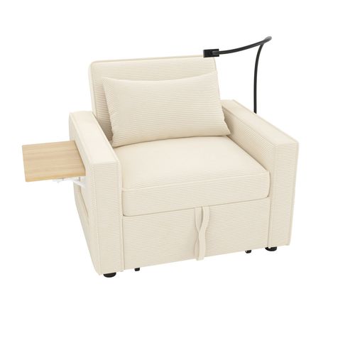 Canapé-lit Fauteuil Convertible 1 Place Avec USB Et Rangement Téléphone – Velours Côtelé, Beige