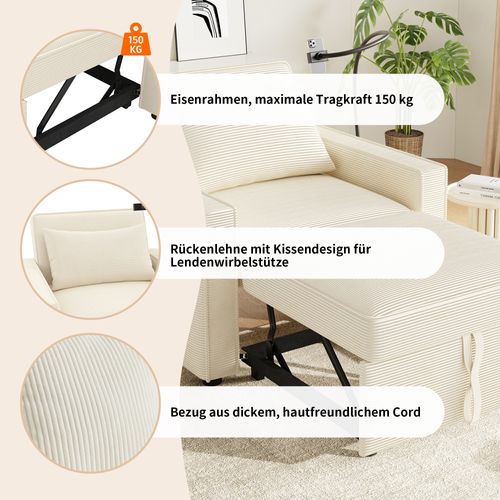 Canapé-lit Fauteuil Convertible 1 Place Avec USB Et Rangement Téléphone – Velours Côtelé, Beige