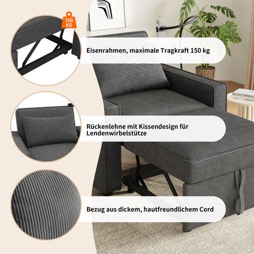 Fauteuil Convertible 1 Place - Avec USB Et Tablette Support Téléphone - Velours Côtelé - Gris