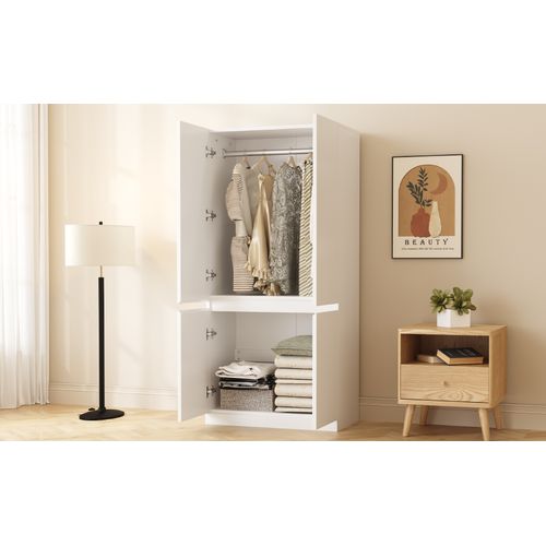 Armoire 2 Portes Blanche Avec Étagères Spacieuses Et Compartiments Rangement - Mdf - Blanc