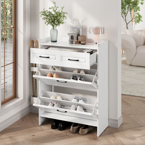 Meuble à Chaussures - 4 Compartiments - Tiroir - Design Moderne - Mdf - Blanc