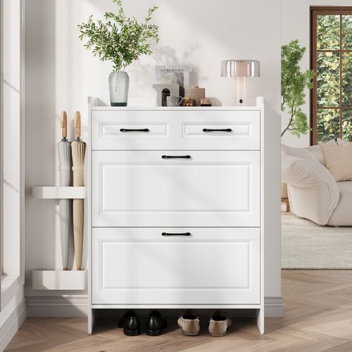 Meuble à Chaussures - 4 Compartiments - Tiroir - Design Moderne - Mdf - Blanc