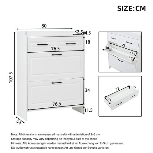 Meuble à Chaussures - 4 Compartiments - Tiroir - Design Moderne - Mdf - Blanc