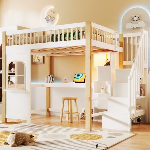 Lit Mezzanine 140x200 - LED - Bureau - Escalier De Rangement - Gain De Place - Mdf -blanc Et Naturel