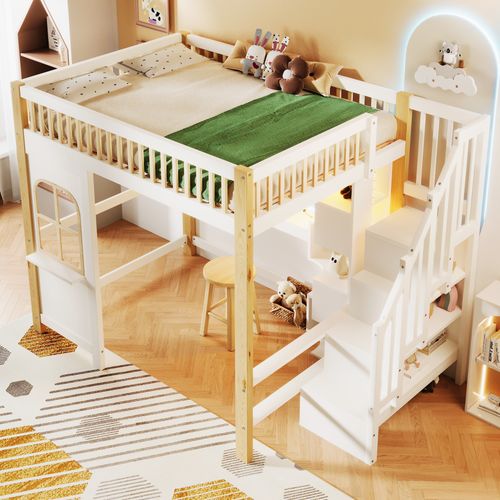 Lit Mezzanine 140x200 - LED - Bureau - Escalier De Rangement - Gain De Place - Mdf -blanc Et Naturel