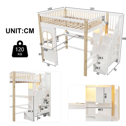Lit Mezzanine 140x200 - LED - Bureau - Escalier De Rangement - Gain De Place - Mdf -blanc Et Naturel