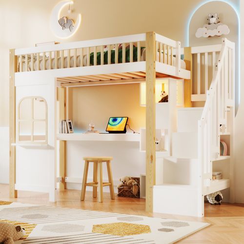 Lit Mezzanine 90x200 - Lit Ado - LED - Bureau - Escalier De Rangement - Mdf - Blanc Et Naturel