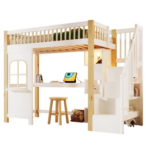 Lit Mezzanine 90x200 - Lit Ado - LED - Bureau - Escalier De Rangement - Mdf - Blanc Et Naturel