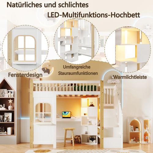 Lit Mezzanine 90x200 - Lit Ado - LED - Bureau - Escalier De Rangement - Mdf - Blanc Et Naturel