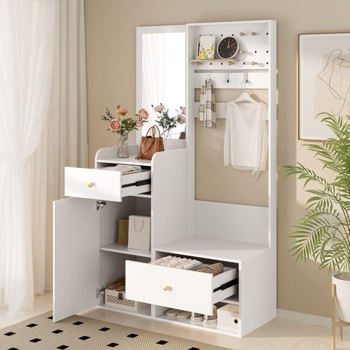 Armoires D’entrée - Miroir Intégré Et Tiroirs Avec Crochets Réglables - Panneau De Particules -blanc