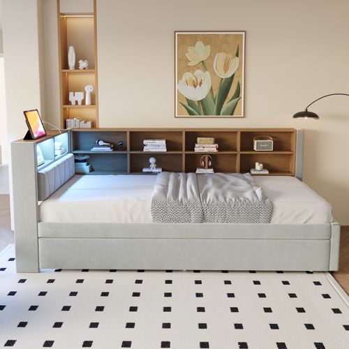 Lit Gigogne Enfant 90x200 - Lit Multifonction Avec Rangements Intégrés - Éclairage LED - Gris Clair