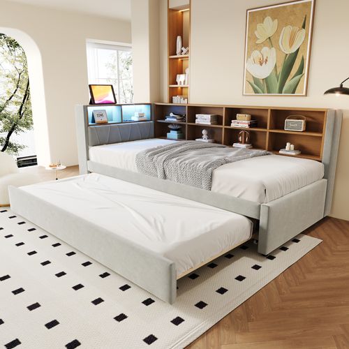 Lit Gigogne Enfant 90x200 - Lit Multifonction Avec Rangements Intégrés - Éclairage LED - Gris Clair