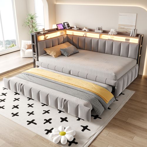 Lit Gigogne 90x200 - Lit Adulte Ou Ado Avec LED - Rangement Tête Et Pied De Lit - Velours Gris Clair