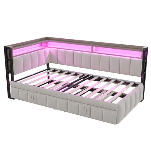 Lit Gigogne 90x200 - Lit Adulte Ou Ado Avec LED - Rangement Tête Et Pied De Lit - Velours Gris Clair