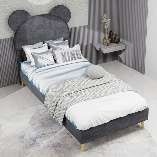 Lit Simple 90x200 Cm - Enfant - Tête De Lit Style Cartoon Et Cadre Bas Confortable - Velours - Gris