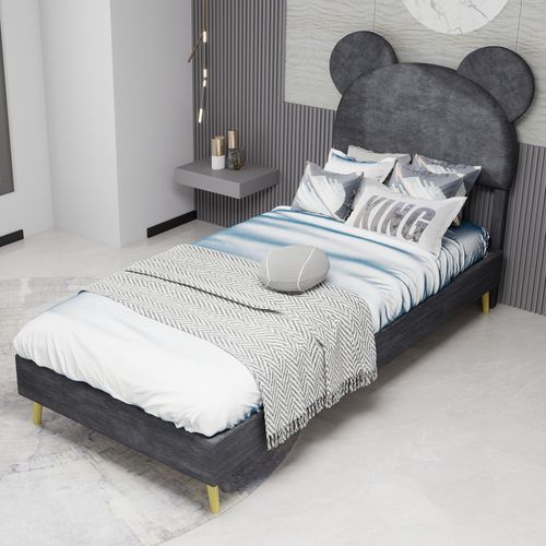 Lit Simple 90x200 Cm - Enfant - Tête De Lit Style Cartoon Et Cadre Bas Confortable - Velours - Gris