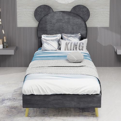 Lit Simple 90x200 Cm - Enfant - Tête De Lit Style Cartoon Et Cadre Bas Confortable - Velours - Gris