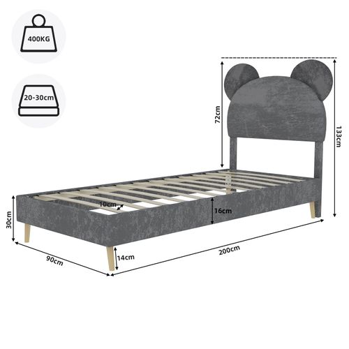 Lit Simple 90x200 Cm - Enfant - Tête De Lit Style Cartoon Et Cadre Bas Confortable - Velours - Gris