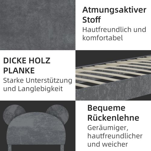 Lit Simple 90x200 Cm - Enfant - Tête De Lit Style Cartoon Et Cadre Bas Confortable - Velours - Gris