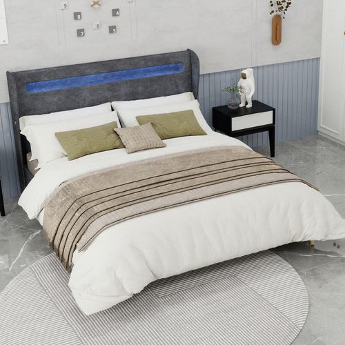 Lit Double 160×200 Cm - Tête De Lit Douce LED - Cadre Bas Anti-poussière - Moderne - Velours - Gris