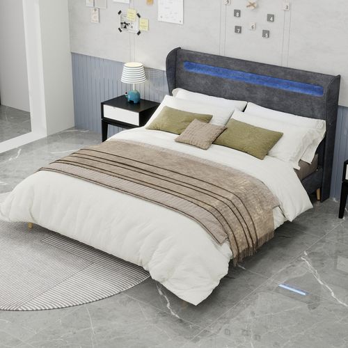 Lit Double 160×200 Cm - Tête De Lit Douce LED - Cadre Bas Anti-poussière - Moderne - Velours - Gris