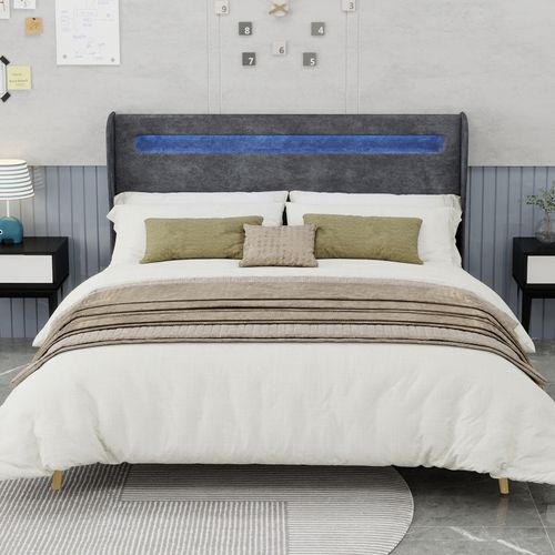 Lit Double 160×200 Cm - Tête De Lit Douce LED - Cadre Bas Anti-poussière - Moderne - Velours - Gris