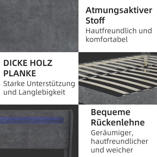 Lit Double 160×200 Cm - Tête De Lit Douce LED - Cadre Bas Anti-poussière - Moderne - Velours - Gris